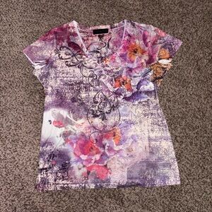 Y2K Purple and pink floral grunge graphic V-neck top